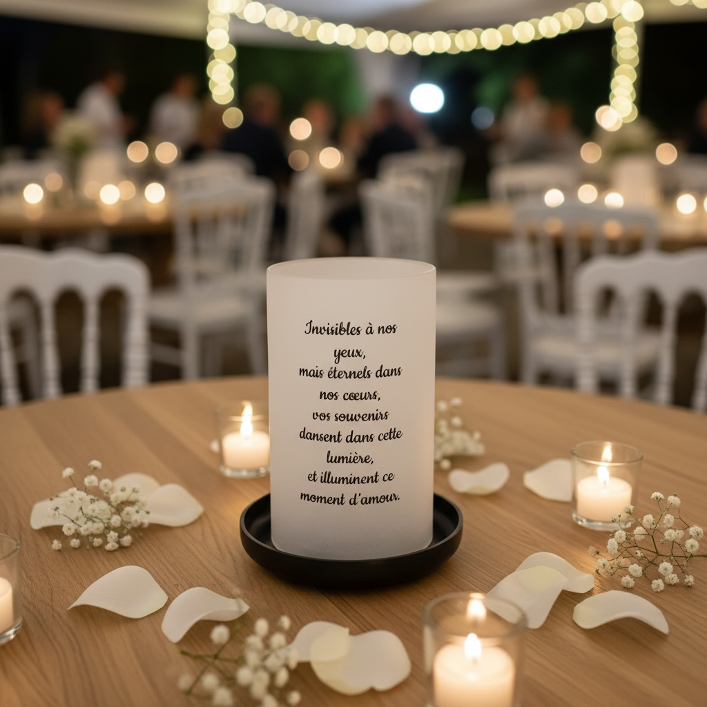 Bougeoir du souvenir rond, sur plan de travail en bois avec décor de mariage