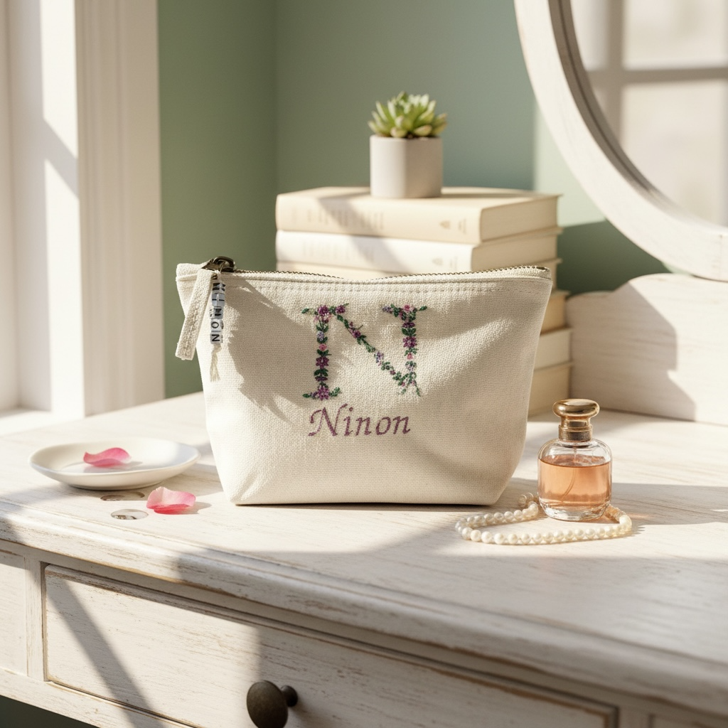 Trousse personnalisée prénom coton brodé avec initiale fleurie